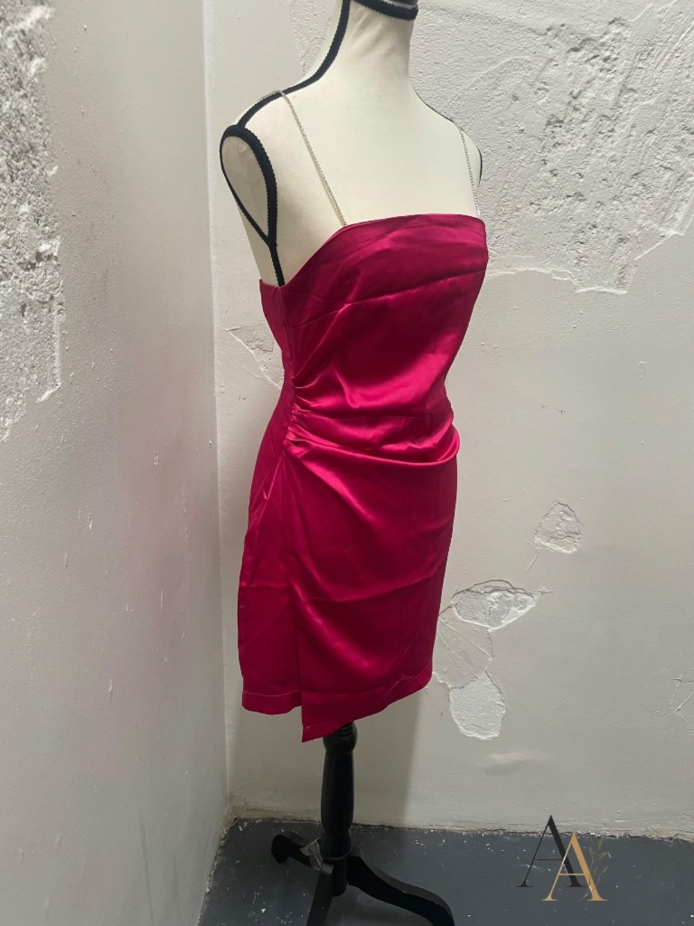 Zara Magenta Satin Effect Mini Dress - Rhinestone Chain Straps - Size M - Picture 3 of 11